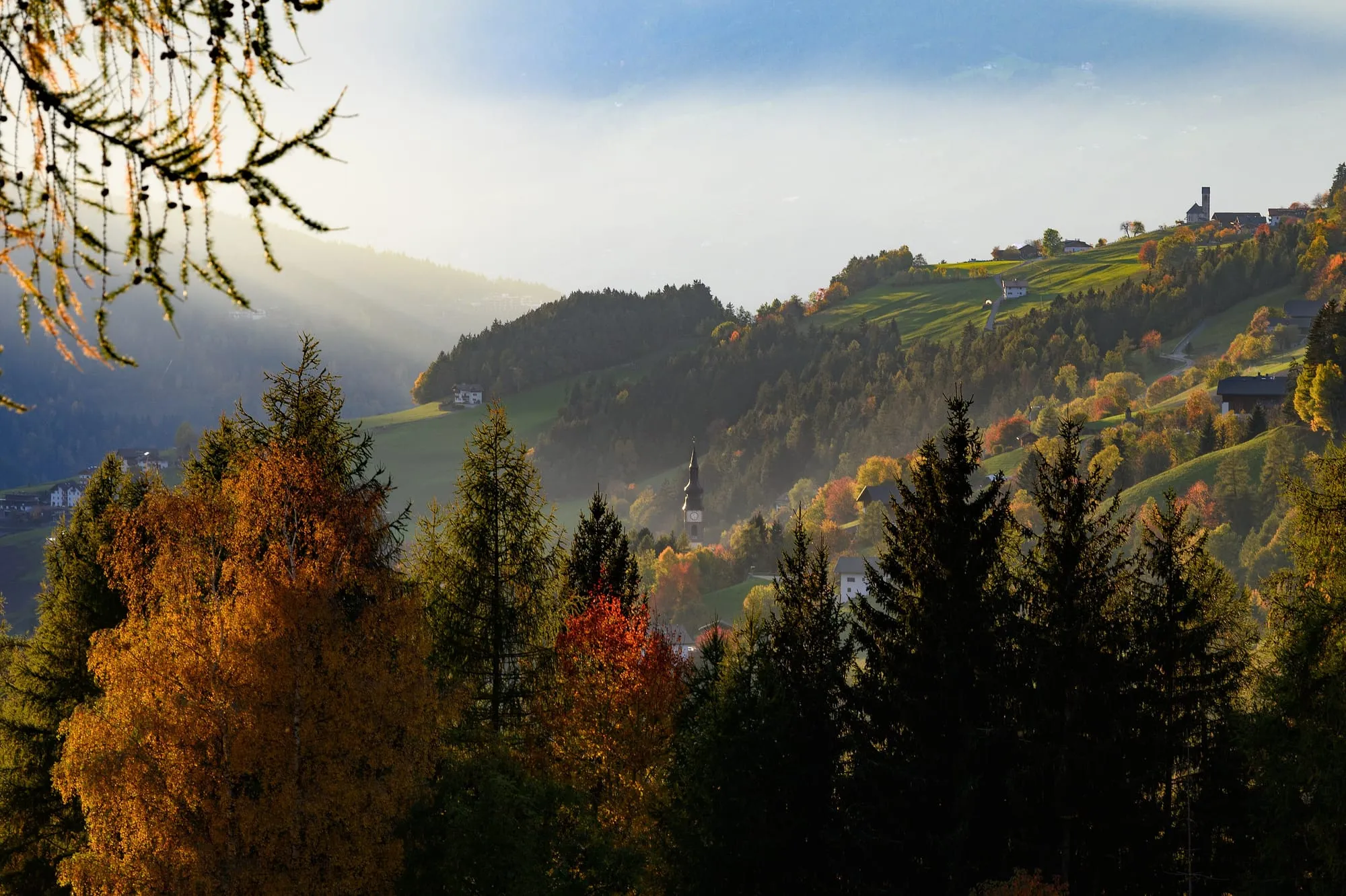 Autumn-coloured woods and larches in Val di Funes, Dolomites