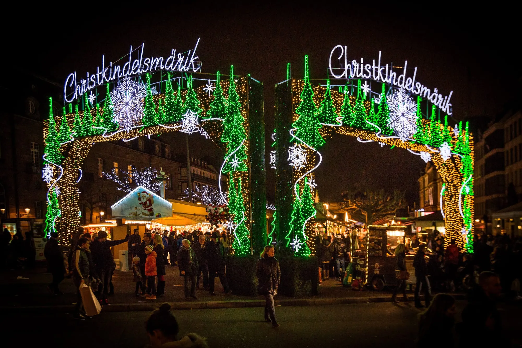 The illuminated arches of the Christkindelsmärik, Strasbourg’s Christmas market, at night